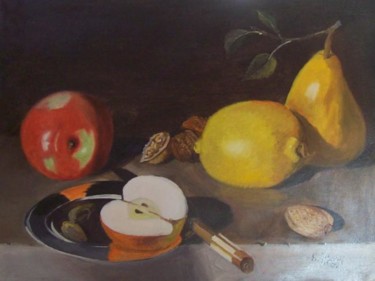 Peinture intitulée "des pommes, des cit…" par Bernard Morin, Œuvre d'art originale, Huile
