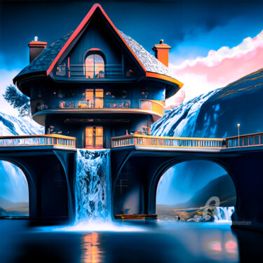 Digitale Kunst mit dem Titel "FJORD BRIDGE HOUSE:" von Morten Klementsen, Original-Kunstwerk, KI-generiertes Bild