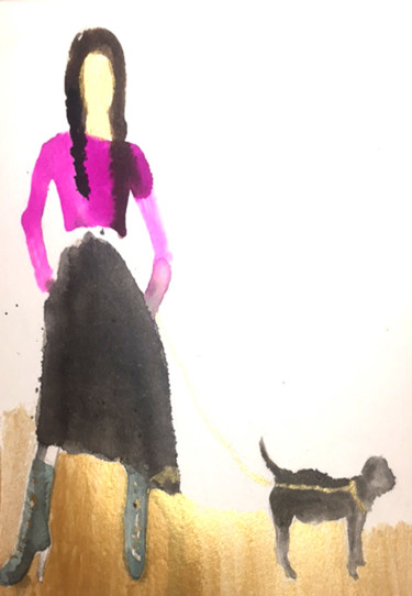Peinture intitulée "Femme au chien" par Mosa, Œuvre d'art originale, Aquarelle