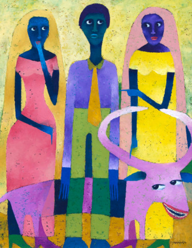 Malerei mit dem Titel "Two Cows and a Husb…" von Moses Nyawanda, Original-Kunstwerk, Öl