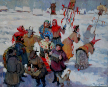 Painting titled "Ряженые." by Irina Moskaliova, Original Artwork, Oil Mounted on Wood Stretcher frame