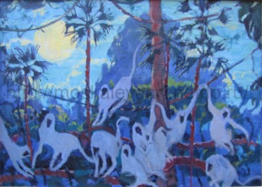 Malerei mit dem Titel "Серебристые лангуры" von Irina Moskaliova, Original-Kunstwerk, Öl Auf Keilrahmen aus Holz montiert