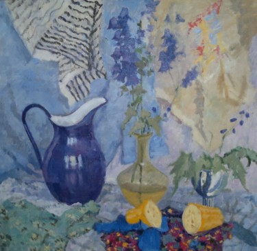 Painting titled "Синий кувшин и коло…" by Irina Moskaliova, Original Artwork, Oil Mounted on Wood Stretcher frame
