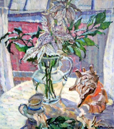 Painting titled "Лилия под солнцем" by Irina Moskaliova, Original Artwork, Oil Mounted on Wood Stretcher frame