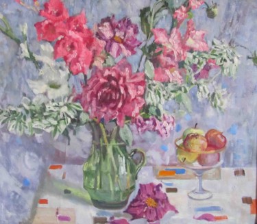 Painting titled "Цветы и яблоки" by Irina Moskaliova, Original Artwork, Oil Mounted on Wood Stretcher frame