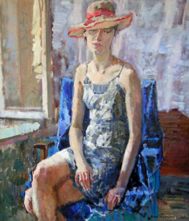 Painting titled "Портрет девушки" by Irina Moskaliova, Original Artwork, Oil Mounted on Wood Stretcher frame