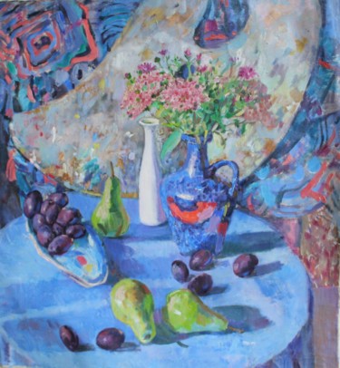 Peinture intitulée "Натюрморт с синей в…" par Irina Moskaliova, Œuvre d'art originale, Huile Monté sur Châssis en bois