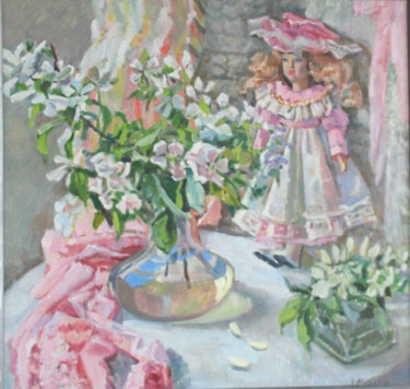 Painting titled "Ветка яблони" by Irina Moskaliova, Original Artwork, Oil Mounted on Wood Stretcher frame