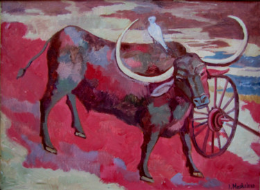 Картина под названием "Манасский бык" - Ирина Москалёва, Подлинное произведение искусства, Масло Установлен на Деревянная ра…