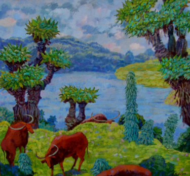 Картина под названием "Убежище буйволов" - Ирина Москалёва, Подлинное произведение искусства, Масло Установлен на Деревянная…