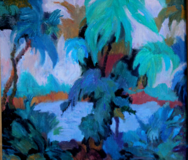 Painting titled "Тропический пейзаж" by Irina Moskaliova, Original Artwork, Oil Mounted on Wood Stretcher frame