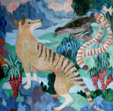 Painting titled "Диалог с тасманским…" by Irina Moskaliova, Original Artwork, Oil Mounted on Wood Stretcher frame