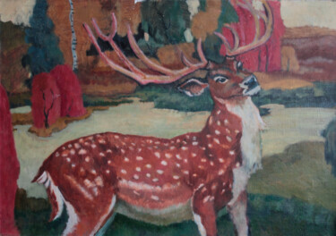 Картина под названием "Благородный олень" - Ирина Москалёва, Подлинное произведение искусства, Масло Установлен на Деревянна…