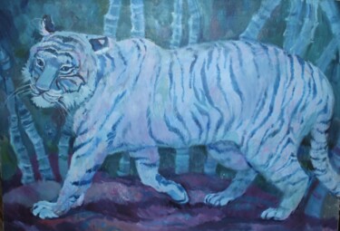 Painting titled "Голубой тигр" by Irina Moskaliova, Original Artwork, Oil Mounted on Wood Stretcher frame