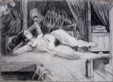 Drawing titled "LA SIESTE" by Michel Moskovtchenko, Original Artwork, Charcoal