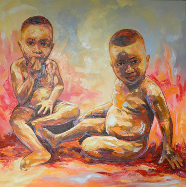 Painting titled "REGARDS INNOCENTS ll" by Guylain Mosoba, Original Artwork, Oil