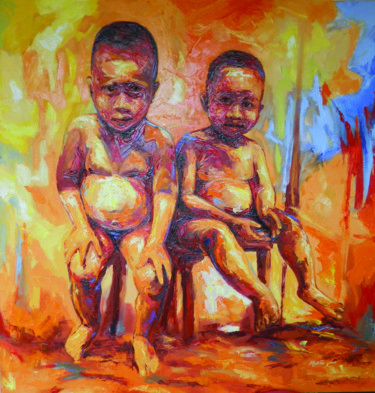 Painting titled "REGARDS INNOCENTS" by Guylain Mosoba, Original Artwork, Oil