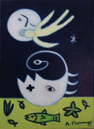 Painting titled "ARIEL'S NIGHT" by Adele Mosonyi, Original Artwork, Oil Mounted on Wood Stretcher frame