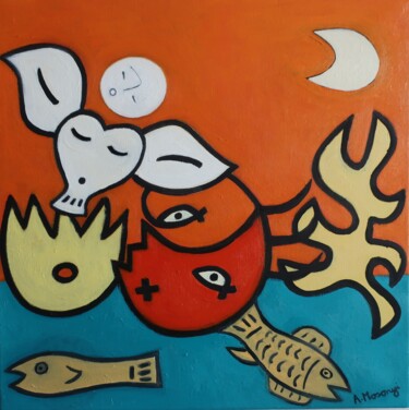 Painting titled "HAPPY DAYS" by Adele Mosonyi, Original Artwork, Oil Mounted on Wood Stretcher frame