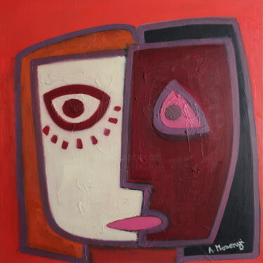 Painting titled "RED MEDUSA" by Adele Mosonyi, Original Artwork, Oil Mounted on Wood Stretcher frame