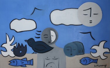 Pintura intitulada "CONGREGATION IN BLUE" por Adele Mosonyi, Obras de arte originais, Óleo Montado em Armação em madeira