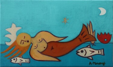 Painting titled "GOLD SIREN" by Adele Mosonyi, Original Artwork, Oil Mounted on Wood Stretcher frame