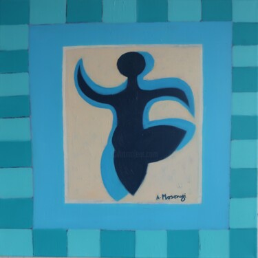 Schilderij getiteld "BLUE TANGO" door Adele Mosonyi, Origineel Kunstwerk, Olie Gemonteerd op Frame voor houten brancard