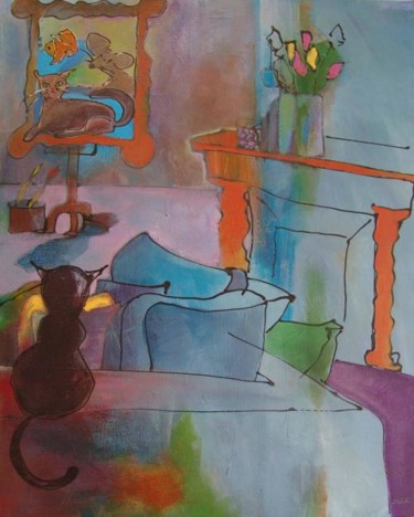Peinture intitulée "rêve de chat" par Laurence Motot, Œuvre d'art originale