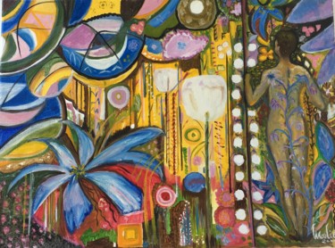 Painting titled "Le jardin de l’arti…" by Mariam Mouliets, Original Artwork, Oil Mounted on Wood Stretcher frame
