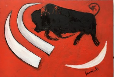 Painting titled "Taureau Embolado" by Mariam Mouliets, Original Artwork, Oil Mounted on Wood Stretcher frame