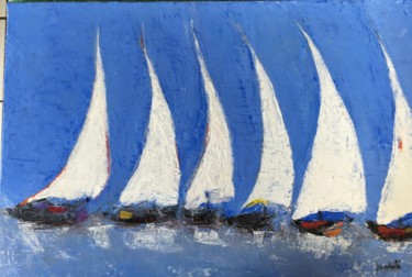 Painting titled "Pirogues à voiles" by Mariam Mouliets, Original Artwork, Acrylic Mounted on Wood Stretcher frame