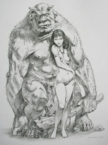 Dessin intitulée "Frazetta tribute" par Régis Moulun, Œuvre d'art originale, Autre