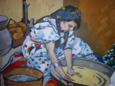 Painting titled "Femme kabyle prépar…" by Rahmouna Boudjellal, Original Artwork