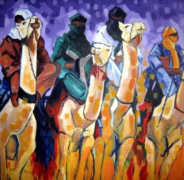 Peinture intitulée "Hommes et chameaux" par Rahmouna Boudjellal, Œuvre d'art originale