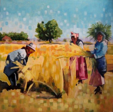 Painting titled "Terre et paysans" by Rahmouna Boudjellal, Original Artwork