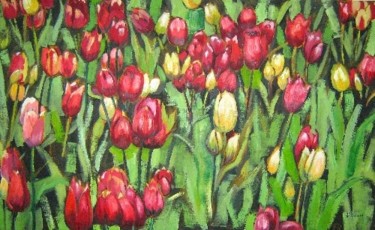 Peinture intitulée "Champ de tulipes" par Rahmouna Boudjellal, Œuvre d'art originale