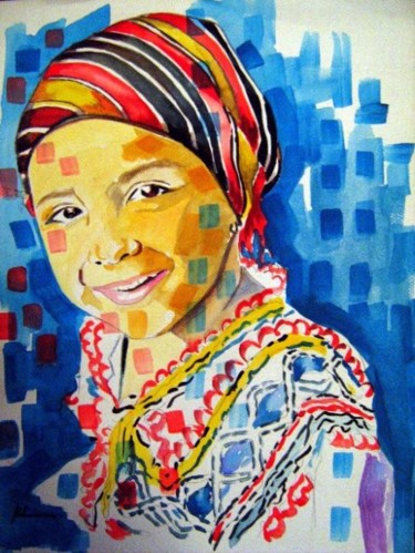 Peinture intitulée "Fillette bèrbère" par Rahmouna Boudjellal, Œuvre d'art originale