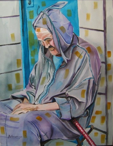 Peinture intitulée "Vieil homme assoupi" par Rahmouna Boudjellal, Œuvre d'art originale