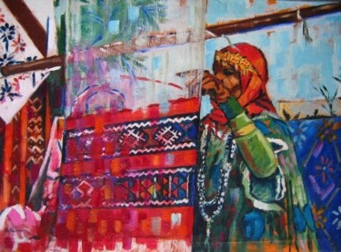 Peinture intitulée "La tisseuse de tapi…" par Rahmouna Boudjellal, Œuvre d'art originale