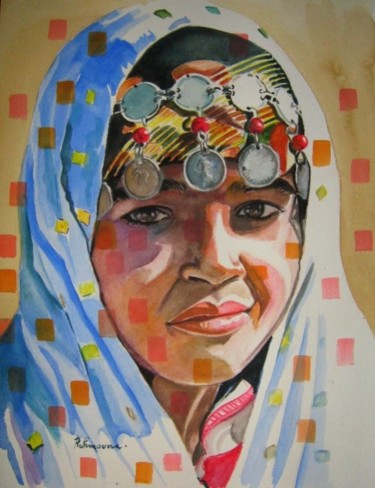 Painting titled "Jeune fille en habi…" by Rahmouna Boudjellal, Original Artwork