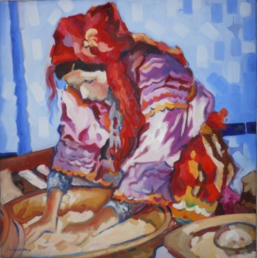 Peinture intitulée "Femme kabyle prépar…" par Rahmouna Boudjellal, Œuvre d'art originale