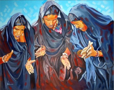 Painting titled "trois-femmes-targui…" by Rahmouna Boudjellal, Original Artwork, Oil