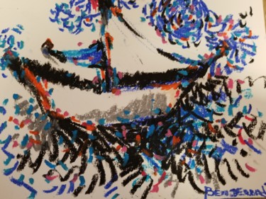 Drawing titled "the blue boat" by Mouna Benserradj, Original Artwork, Pastel