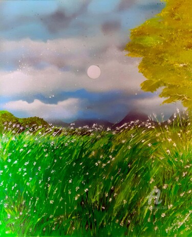 Painting titled "" Automne en vert "" by Mounia Loukriss, Original Artwork, Acrylic Mounted on Wood Stretcher frame
