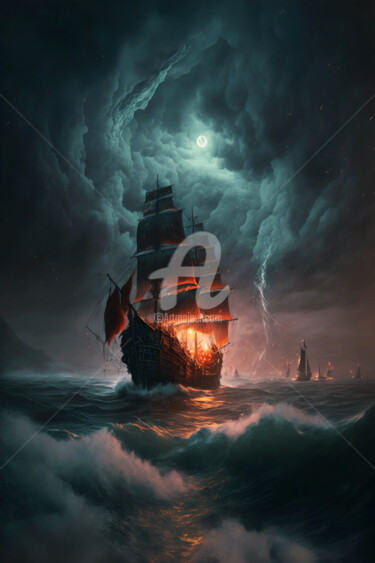 Grafika cyfrowa / sztuka generowana cyfrowo zatytułowany „Sailing Ship Fighti…” autorstwa Mounir Khalfouf, Oryginalna praca,…