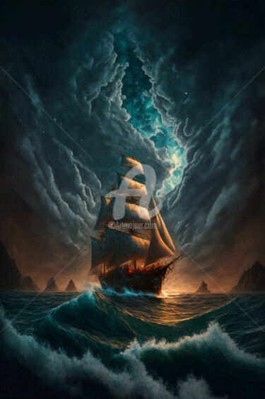 Digital Arts titled "Sailing Ship Fighti…" by Mounir Khalfouf, Original Artwork, AI generated image