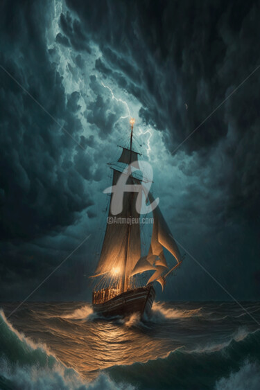 Artes digitais intitulada "Sailing Ship Fighti…" por Mounir Khalfouf, Obras de arte originais, Imagem gerada por IA