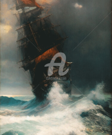 Digital Arts titled "Sailing Ship Fighti…" by Mounir Khalfouf, Original Artwork, AI generated image