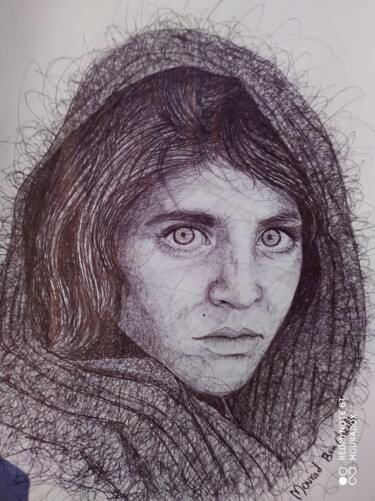 Drawing titled "La Fille Afghan" by Mourad Lila, Original Artwork, Pencil