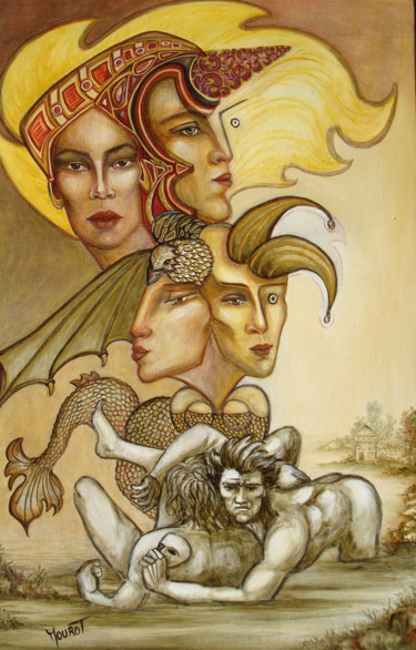 Painting titled "les 4 éléments" by Marie-Jeanne Mourot, Original Artwork, Oil